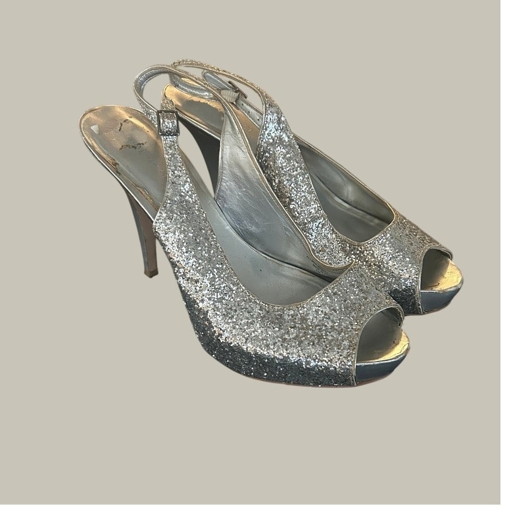 Nine West Silver Glitter Peep Toe Slingback Platform Heels Womens 10M